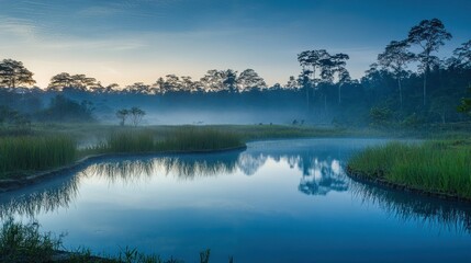 Fototapeta premium A serene lake reflects the forested landscape at dawn