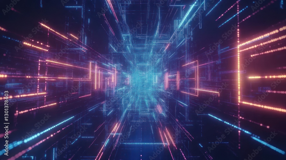 Poster an abstract illustration representing a digital data tunnel with lights