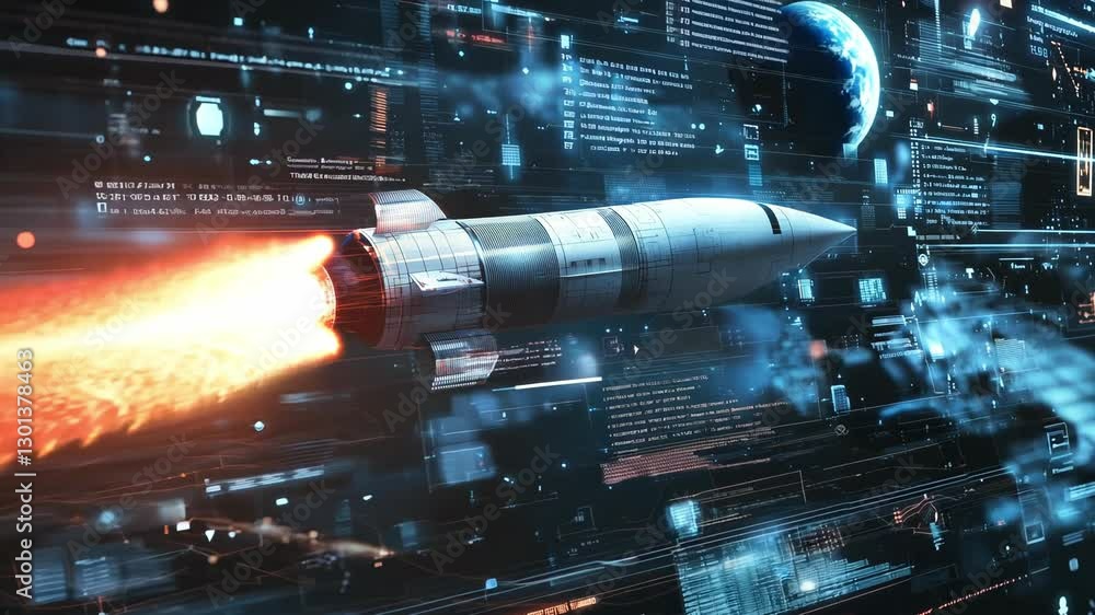 Poster a rocket propels forward through a digital landscape filled with data streams and cosmic imagery