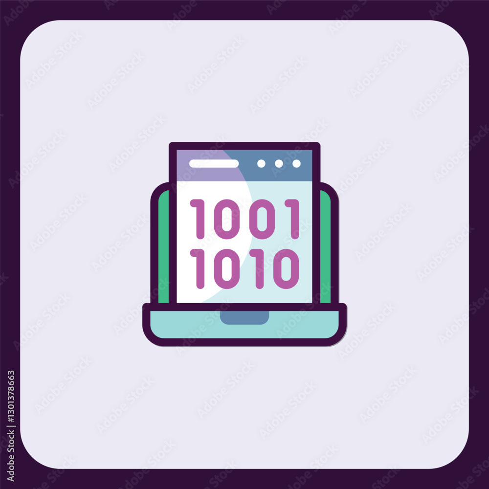 Poster laptop displaying binary code: digital technology icon