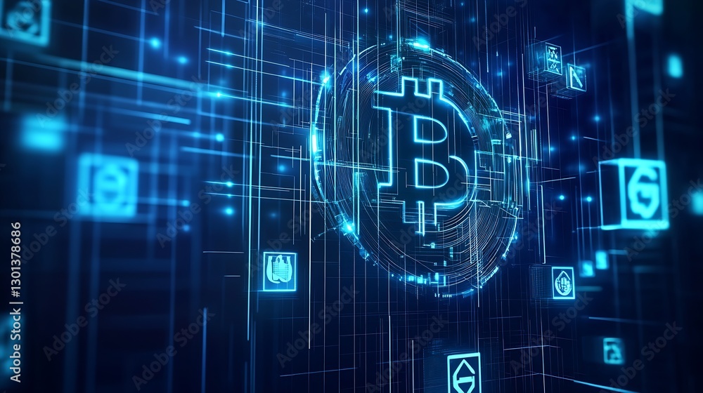 Leinwandbilder innovative digital representation of bitcoin symbol surrounded by cryptocurrency icons and futuristi