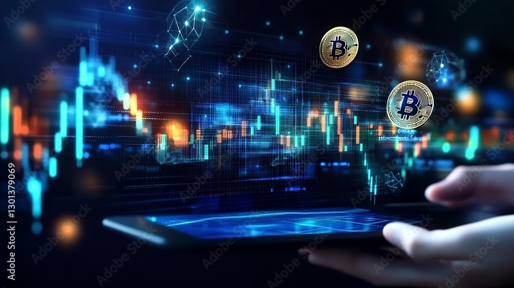 Aufkleber high tech representation of cryptocurrency trading with bitcoin coins on a digital interface : gener
