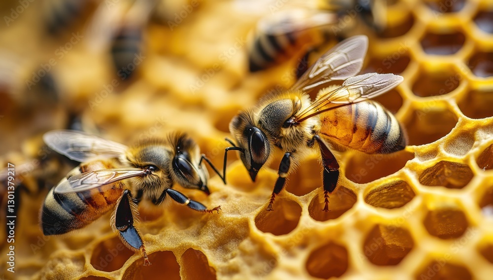 Aufkleber close-up view of honey bees collecting nectar and working on honeycomb in a vibrant beehive environm