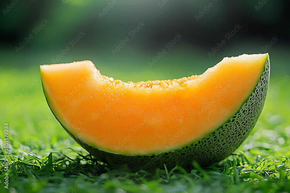 Poster fresh and juicy slice of cantaloupe melon on green grass with natural light highlighting texture : g