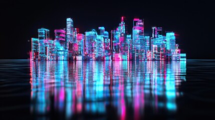 Neon Cityscape: Digital Metropolis Reflecting on Calm Waters