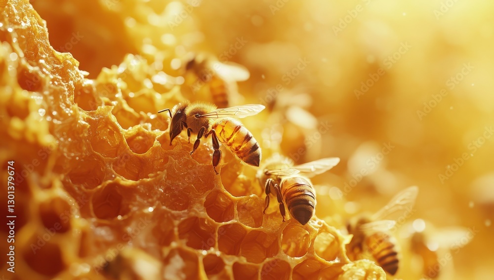 Poster close-up view of honey bees collecting nectar on a honeycomb surface with glimmering honey droplets 