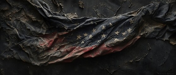 Worn US flag on dark ground, textured background, remembrance