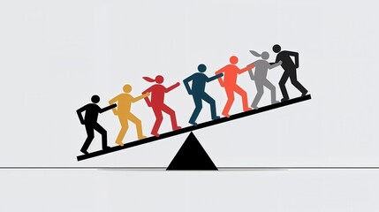Group of stylized figures representing teamwork and collaboration climbing a seesaw-like structure, embodying the struggle for balance between leadership and support in a workplace environment.