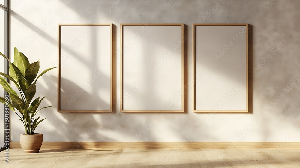 Poster modern minimalist room with three blank picture frames and abundant natural light : generative ai