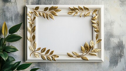 Elegant Golden Decorated White Picture Frame for Wall Decoration with Empty Space - Luxury Gallery Style Mockup