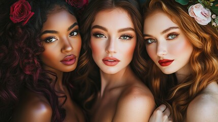 Beautiful Diverse Women Portrait Stunning Makeup Natural Hair Redhead Brunette Gorgeous Models Closeup Fashion Beauty Photography Elegant Studio Shot 