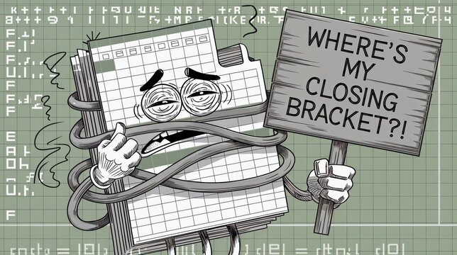 A cartoon character with exaggerated expressions struggles to find a closing bracket, holding a sign while tangled in coding sheets, depicting the challenges of late-night programming.