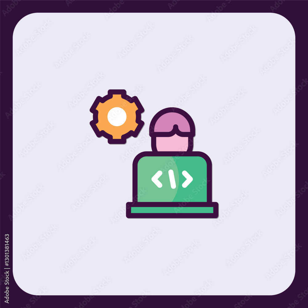 Poster software engineer coding at laptop with settings icon