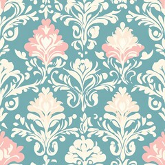 Vintage-inspired pastel damask with intricate ornamental swirls and delicate details, Vintage pastel damask seamless, intricate pastel damask pattern, elegant ornamental pastel damask.