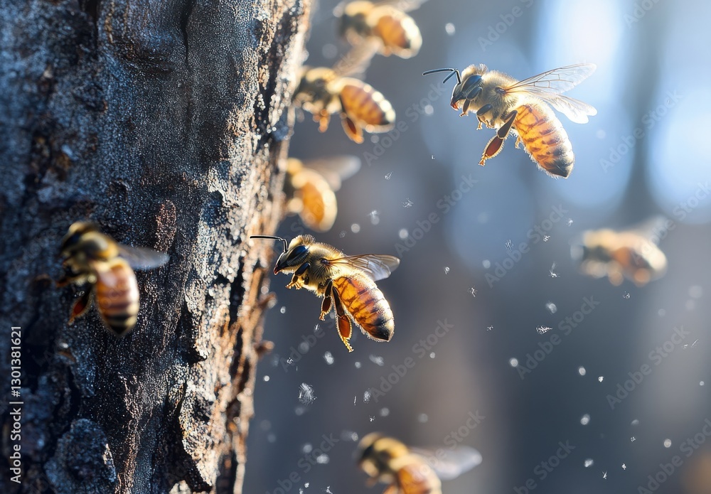 Poster close-up view of honey bees collecting pollen in a forest setting with soft light and natural backgr
