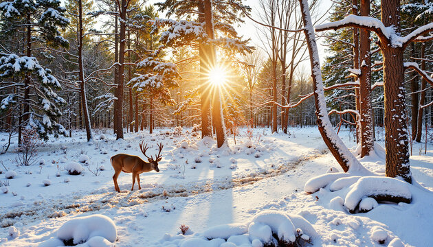 Majestic deer grazing in snowy forest at sunset, nature's tranquility