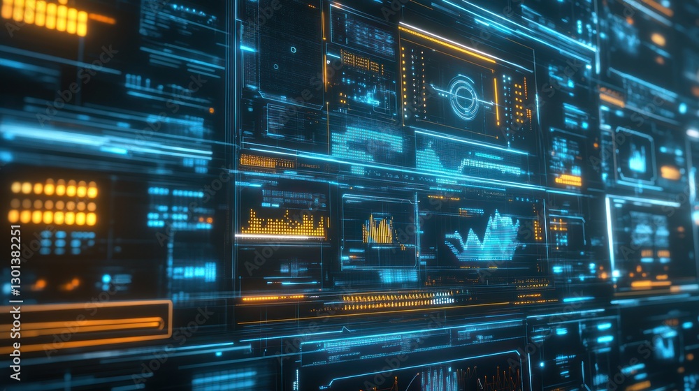 Poster a modern futuristic interface displaying data with glowing blue and orange colors