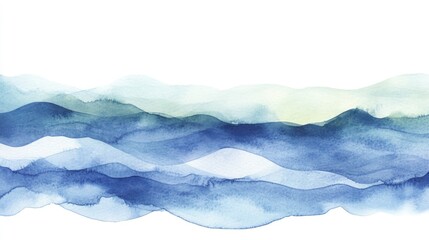 The layered watercolor painting of mountains and hills in hues of blue
