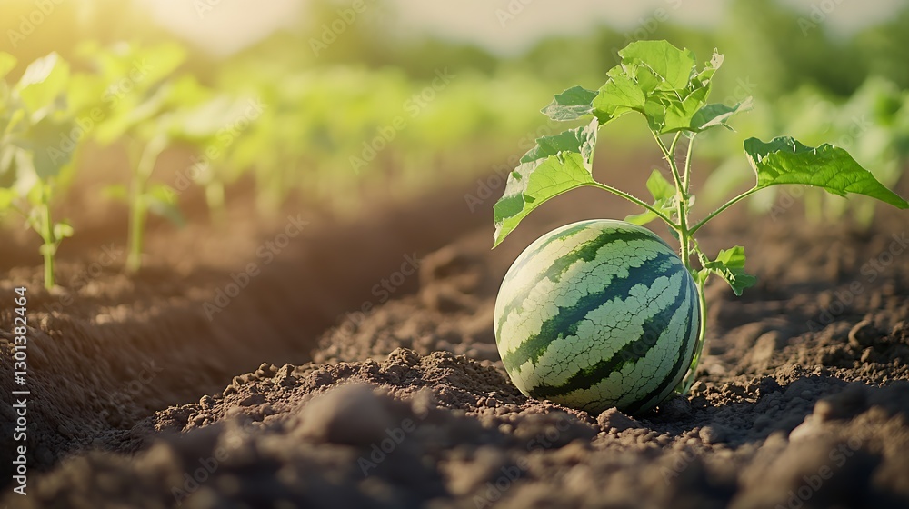 Poster vibrant watermelon nestled in soil with emerging plant surrounded by lush green fields : generative 