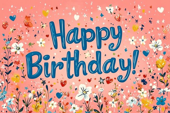 Colorful birthday greeting card design with flowers and hearts on a pink background