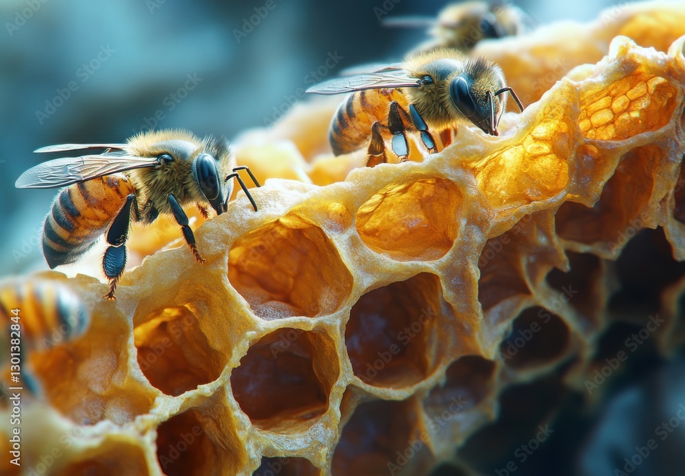 Poster close-up view of honey bees interacting with honeycomb structure in natural environment highlighting