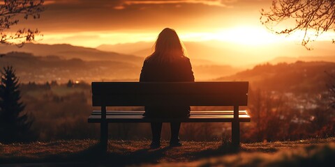 A silhouette of a woman sitting alone on a bench enjoying a stunning sunset view over mountains : Generative AI