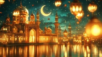 Obraz premium Beautiful Golden Mosque Illuminated by Moon and Floating Lanterns at Night