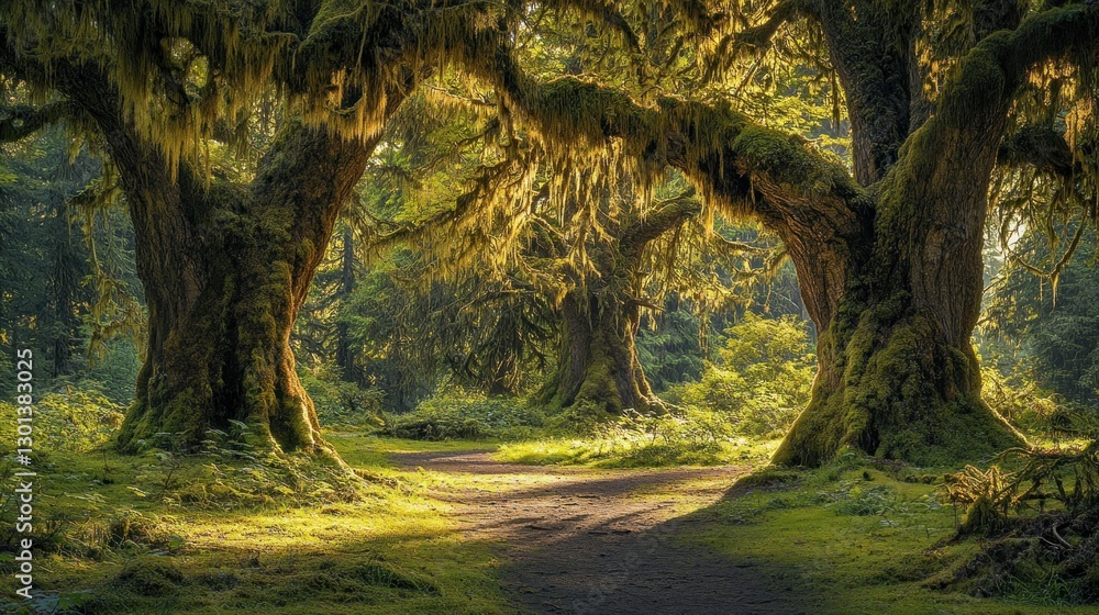 Poster large trees form an archway over a forest path