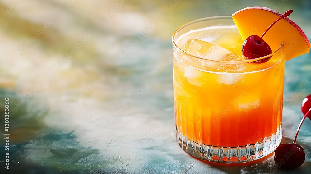 Poster refreshing summer cocktail in a glass with ice cherries and peach garnish on colorful background : g