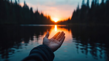 A tranquil scene capturing a hand reaching out towards a glowing sunset reflected on a calm lake, surrounded by tall trees, This image is ideal for themes of nature, peace, and connection,