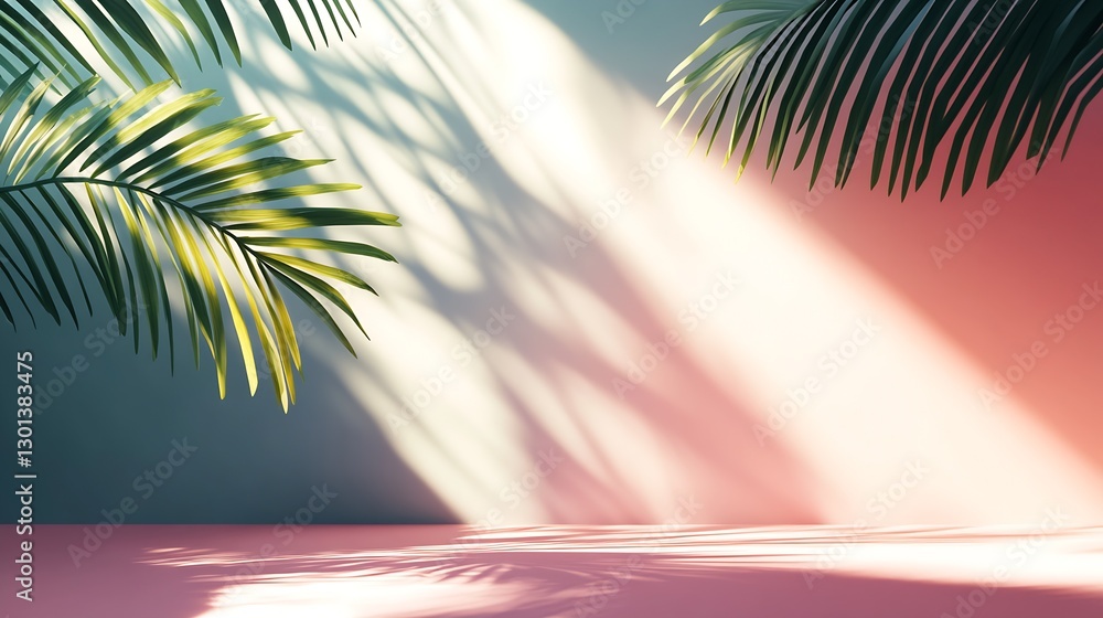 Poster vibrant tropical palm leaves casting shadows on a colorful background design : generative ai