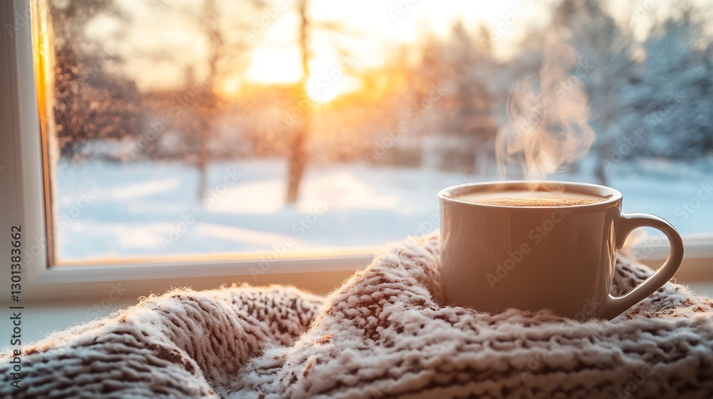 Poster warm steaming cup of coffee resting on cozy knitted blanket by window with winter scene in backgroun