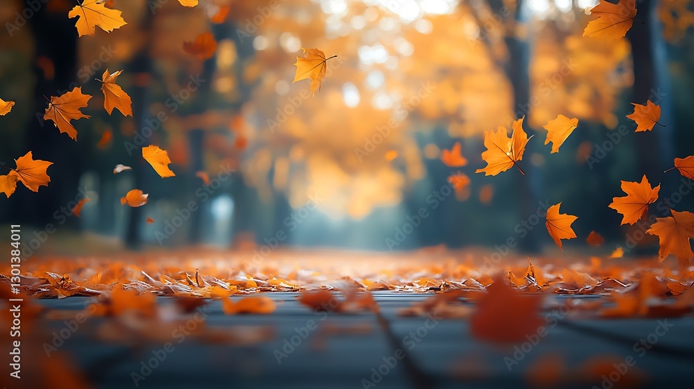 Aufkleber autumn leaves falling gently on the pathway creating a scenic view : generative ai