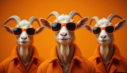 Creative animal concept. Goat in a group, vibrant bright fashionable outfits isolated on solid background advertisement, copy text space. birthday party invite invitation banner
