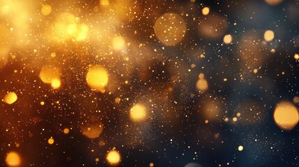 Fototapeta premium Golden particles and shimmering bokeh float on a dark background