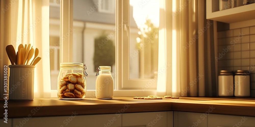Poster warm sunlight illuminating a jar of cookies and a bottle of milk on a kitchen table by a window : ge