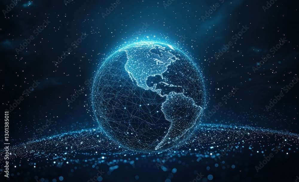 Wall mural a glowing blue digital globe with a network of lines connecting continents.