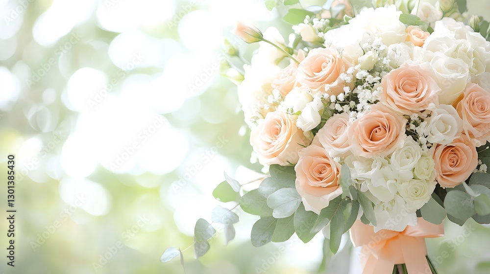 Poster elegant bouquet of peach and white roses surrounded by greenery with soft blurred background : gener