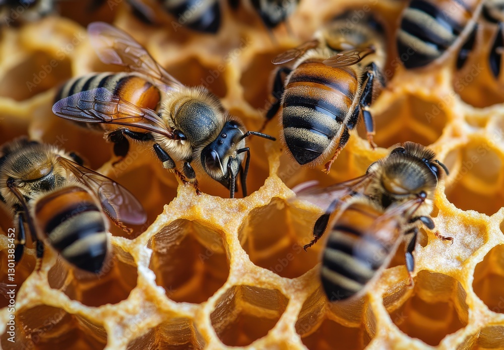 Aufkleber close-up view of honey bees working together on honeycomb in natural beehive revealing intricate pat