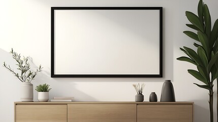 Minimalist home decor featuring a blank frame and plants elegantly arranged on a wooden sideboard : Generative AI