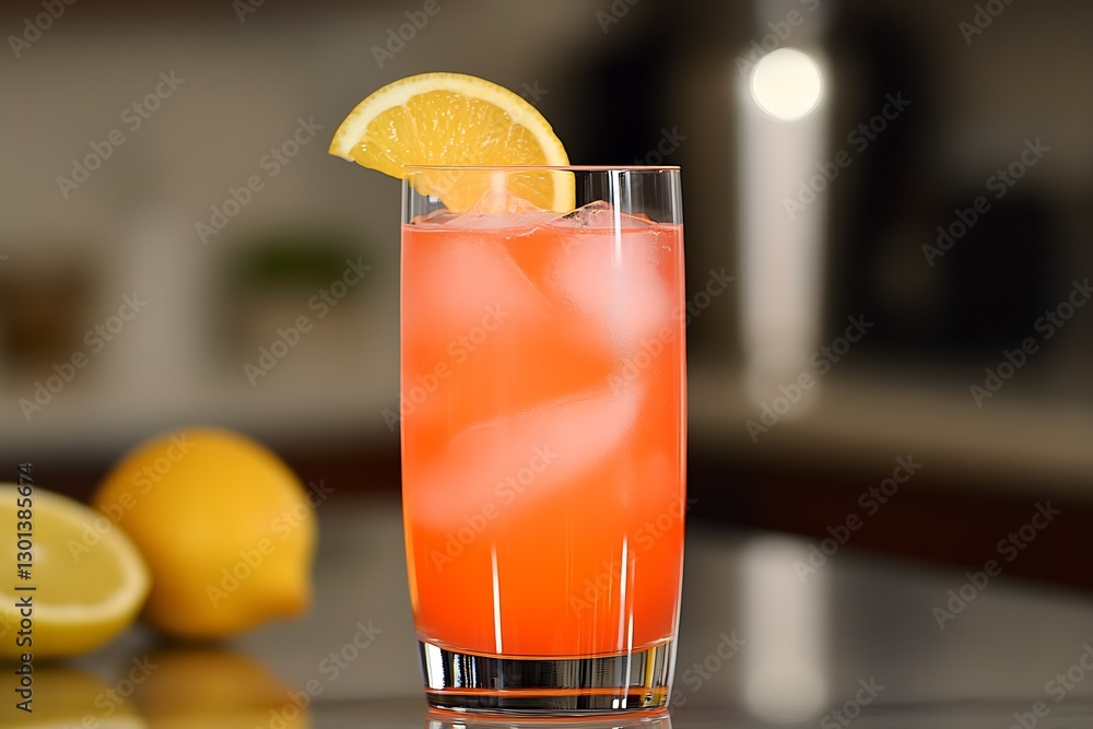 Poster Refreshing Citrus Lemonade Drink Served in a Tall Glass with Ice and Lemon Slice : Generative AI