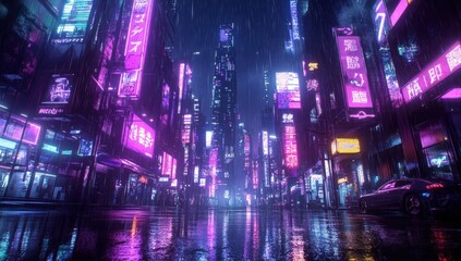 A futuristic city street at night with neon signs reflecting in the wet pavement.