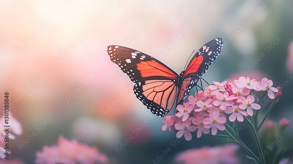 Poster colorful monarch butterfly resting on delicate pink flowers with soft bokeh background : generative 