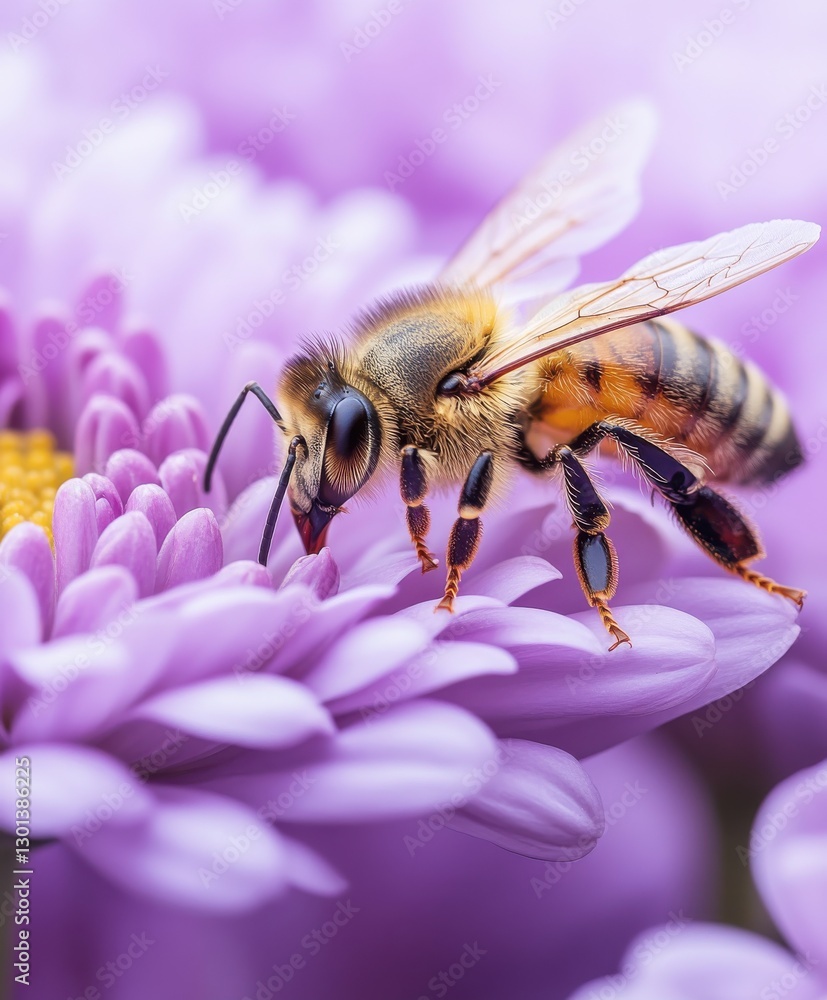 Poster close-up view of honeybee collecting pollen from violet flower petals in a spring garden setting