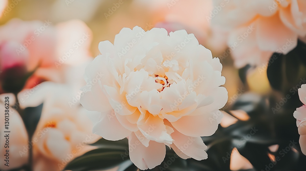 Poster A beautiful peony flower blooming in soft light displaying delicate petals and vibrant colors against a blurred background : Generative AI