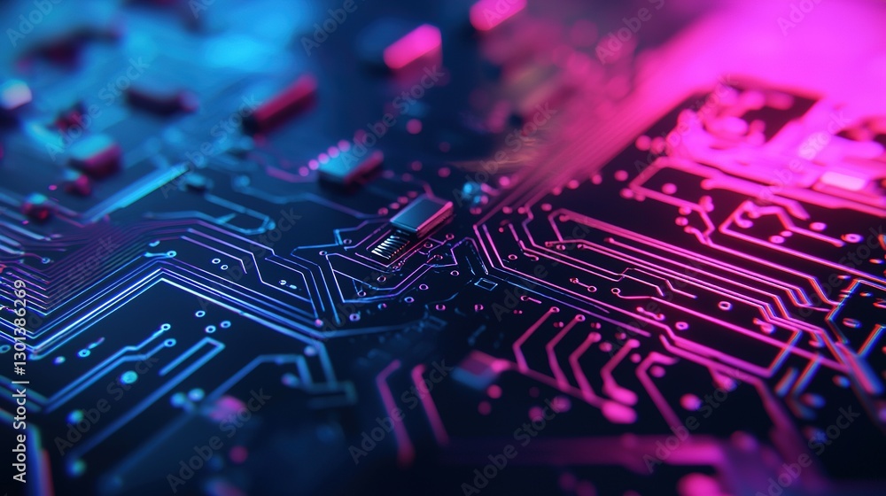 Poster futuristic neon circuit design technology lab digital art high-tech environment close-up view innova