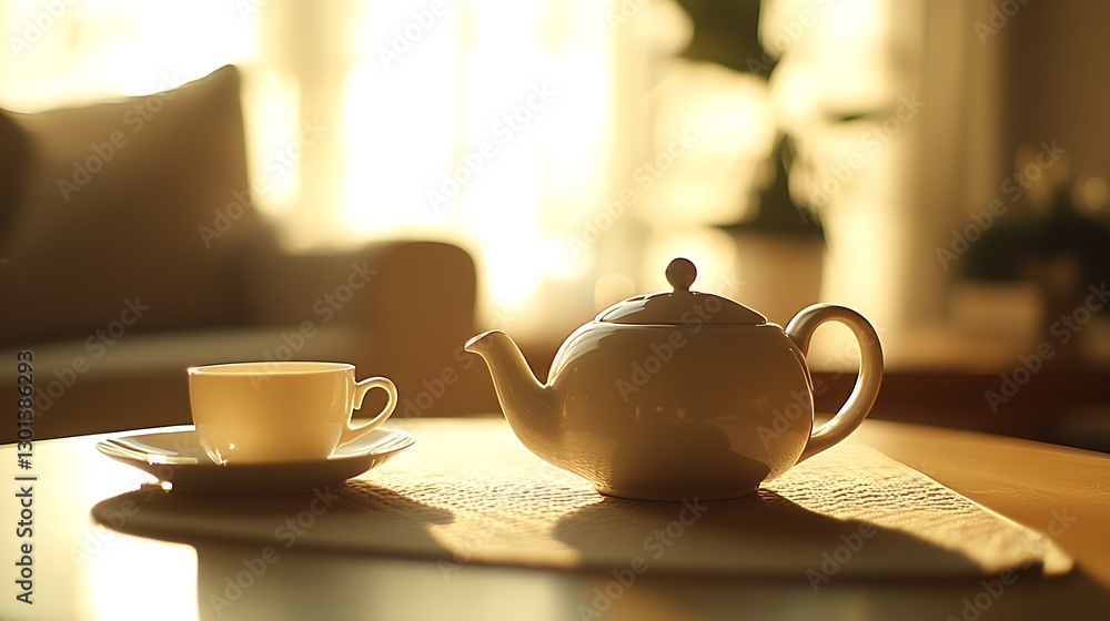 Poster A soothing scene of a teapot and cup on a table with warm sunlight creating an inviting and cozy atmosphere : Generative AI