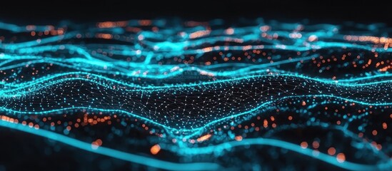 Fototapeta premium Abstract Digital Landscape: Turquoise and Orange Waves of Data