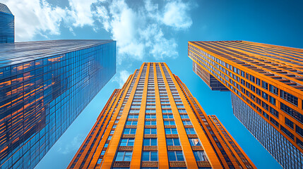 Modern Skyscrapers Against a Vibrant Blue Sky and Clouds