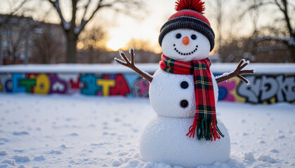 Obraz premium Joyful snowman standing in snow at skate park, winter celebration